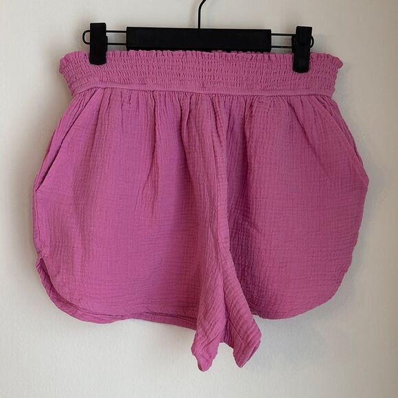 Marine Layer Women Corinne Double Cloth Pink Smocked Waist Shorts large EUC - Picture 1 of 12